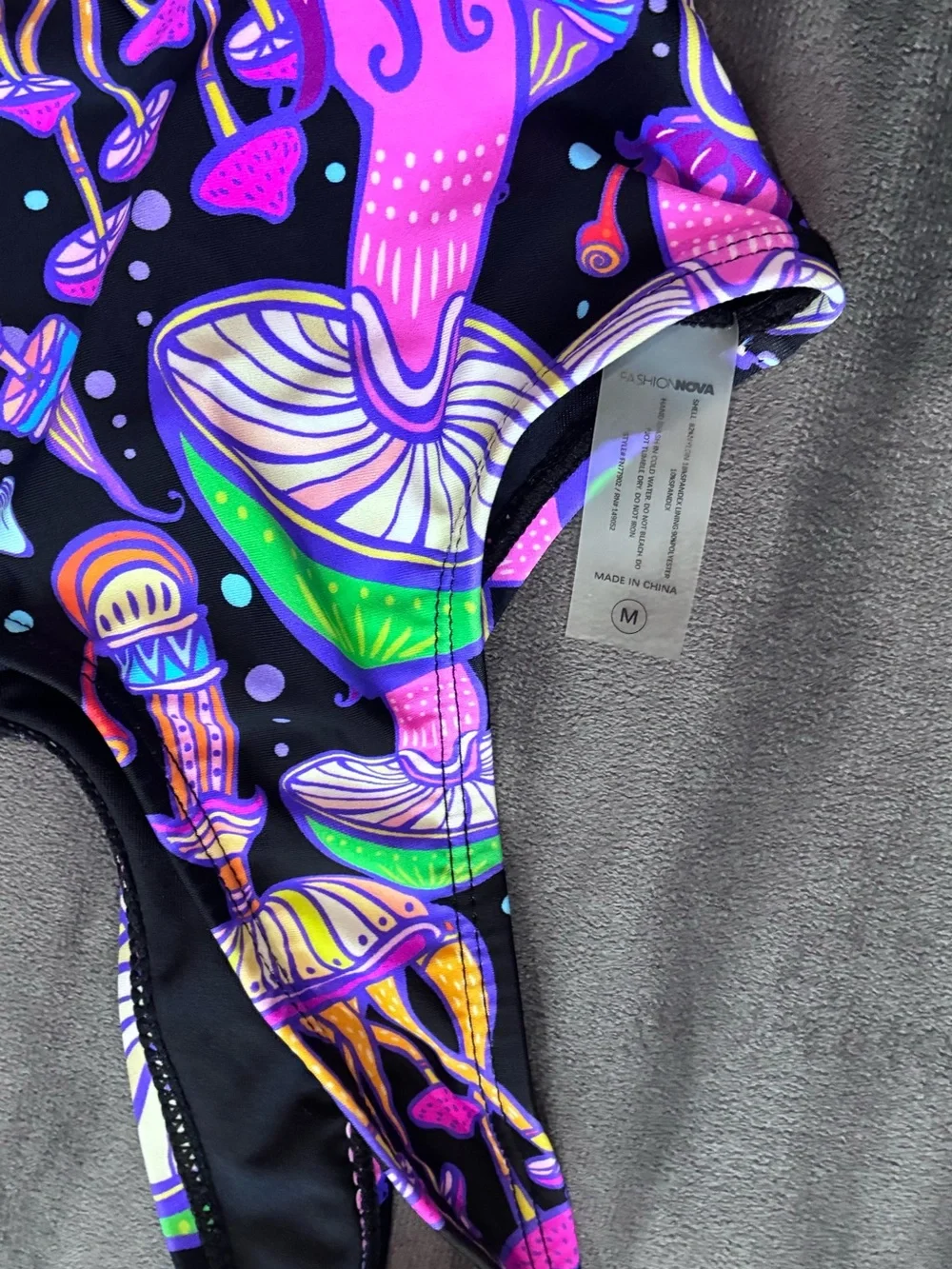 Fashion Nova Black Swimsuit with Neon Purple & Green Mushroom Print
